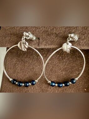 Silver Hoop Earrings with Navy Blue Beads